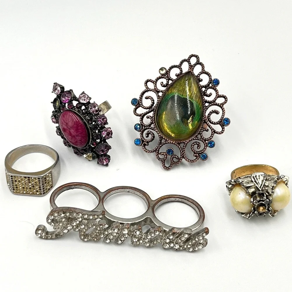Vintage‎ Statement Ring Goth Boho Dragon Eye Faux Pearl Rhinestone Set Y2K 5pc